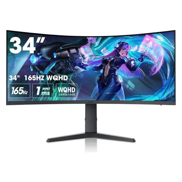 KOORUI 34E6UC 34" WQHD Curved 165Hz 1ms Curved 1000R, 100% SRGB, 90% DCI-P3, HDR 400 , FreeSync/G-Sync Technology, 2x HDMI 2.0 / 1x DP  1.4, Height adjustable  Ultrawide Gaming Monitor 