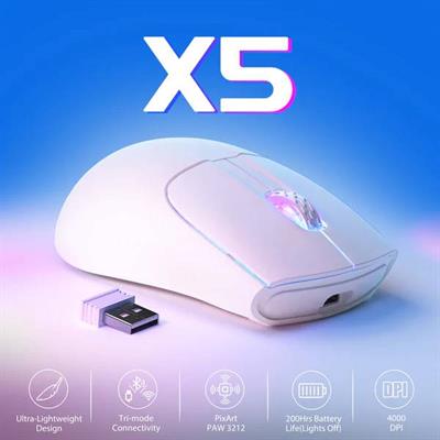 Attack Shark X5 Wireless Gaming Mouse with Tri-Modes BT 5.1/2.4Ghz/USB-C, Lightweight 49g, PAW3212 Optical Sensor, Rechargeable Battery, RGB LED Honeycomb Mice for PC/Tablet/Desktop/Office/Games - White