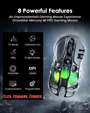 GravaStar Mercury M1 Pro | Wireless Mouse | 26K DPI PAW3395 | Magnesium Alloy | 200H Battery (Gray)