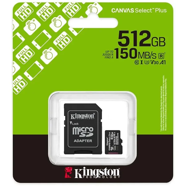 Kingston Canvas Select Plus MicroSD Memory Card, 512GB, Read Up To 150MB/s, V30 A1 UHS-I, With SD Adapter, SDCS3/512GB