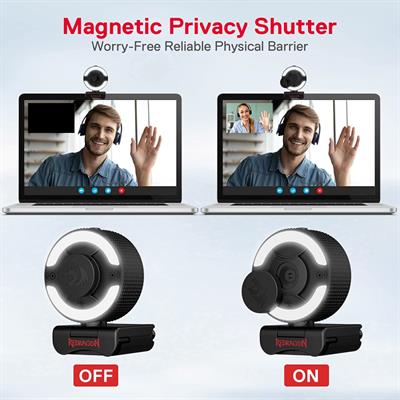 Redragon GW910 1080P PC Webcam - Dual Stereo Mic, Privacy Shutter, Ring Light, USB Plug & Play