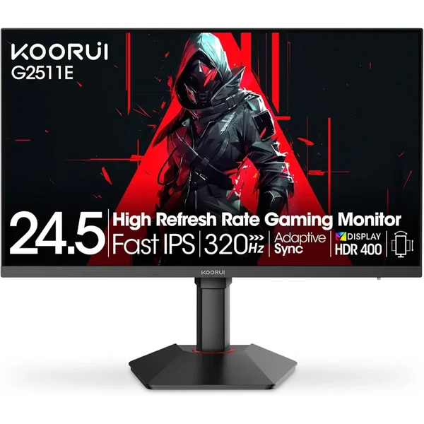 Koorui G2511E 24.5 Inch Gaming Monitor, 1ms, 320Hz FHD (1920x1080) Monitor, HDR400, 95% DCI-P3, IPS Display, Adaptive Sync Compatible, Tilt Vertical Height Adjustable, VESA Mount 75x75mm, HDMI & DisplayPort