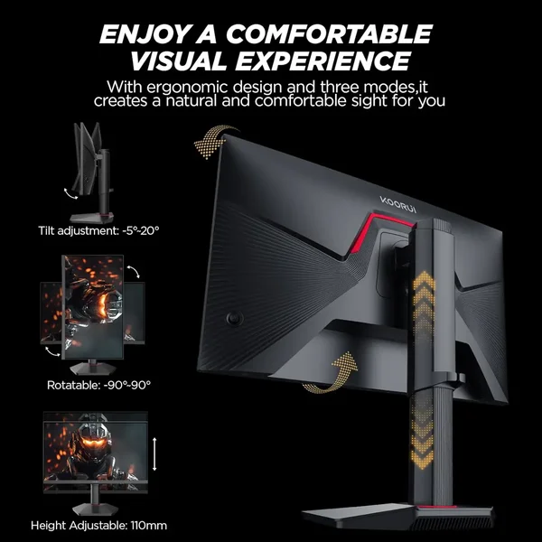 Koorui G2511E 24.5 Inch Gaming Monitor, 1ms, 320Hz FHD (1920x1080) Monitor, HDR400, 95% DCI-P3, IPS Display, Adaptive Sync Compatible, Tilt Vertical Height Adjustable, VESA Mount 75x75mm, HDMI & DisplayPort