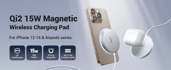 UGREEN W703 Qi2 Magnetic Wireless Charger 15W Silver – MagSafe Compatible Fast Wireless Charging Pad