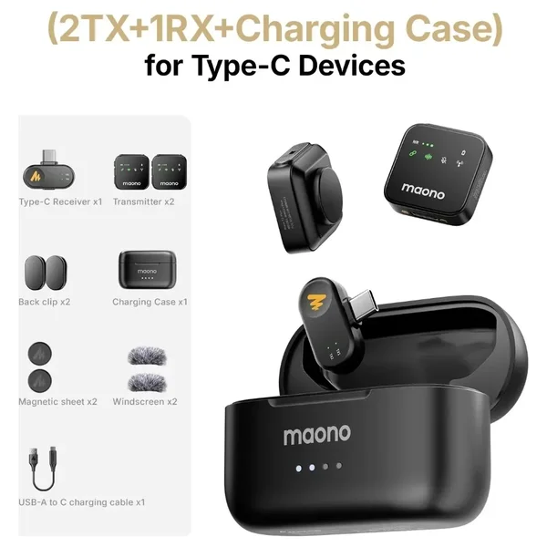 Maono Wave T1 Plus PC2 Wireless Lavalier Microphone Type-C Receiver with Display Transmitters | AI Noise Reduction 100m Range 30H+ Battery Vlogging Streaming Mic System