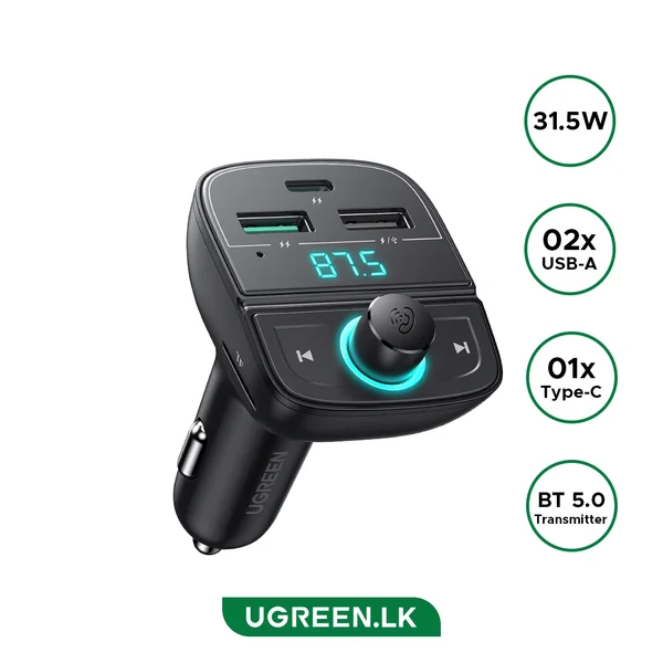 UGREEN CD229 Bluetooth 5.0 FM Transmitter & 31.5W Car Charger with TF Card Slot – USB-C PD + USB-A Fast Charging Adapter Black