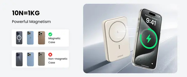 UGREEN PB561 10000mAh Mini Magnetic Wireless Power Bank White – 20W PD Fast Charging, MagSafe Compatible Portable Charger