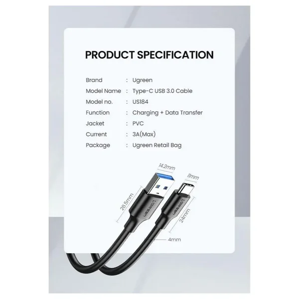 UGREEN USB-C Male to USB 3.0 Type-A Male 3A Fast Charging & 5Gbps Data Cable 2M