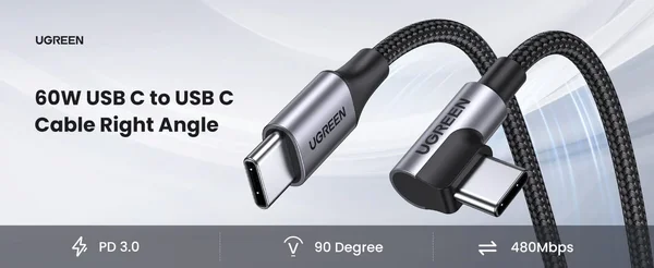 UGREEN US255 USB-C 2.0 Male to 90° Angled USB-C Male 3A Fast Charging Data Cable 3 Meter – Right Angle USB Type-C Cable