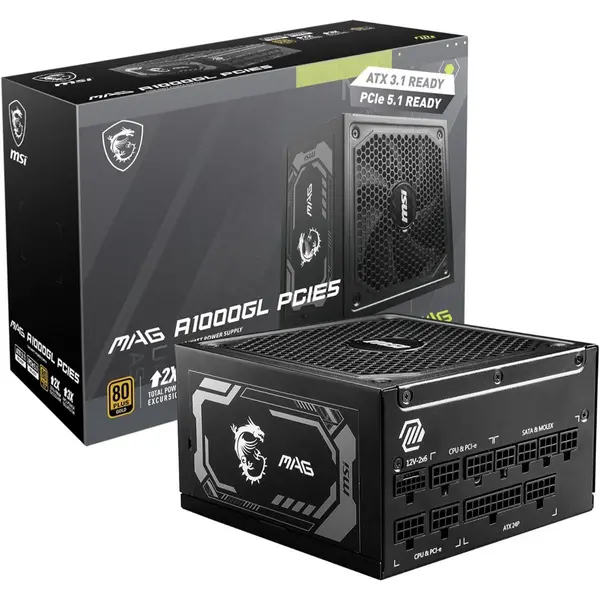 MSI MAG A1000GL PCIE5 1000W 80+ Gold Fully Modular Power Supply – ATX 3.1, PCIe 5.1, 12V-2x6 Ready Gaming PSU