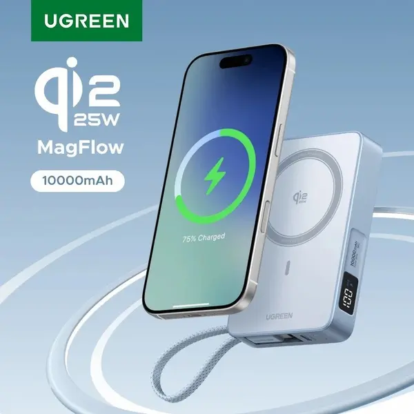 UGREEN 10000mAh Qi2 MagFlow Magnetic Wireless Power Bank – 25W Fast Charging, MagSafe Compatible Portable Battery Pack