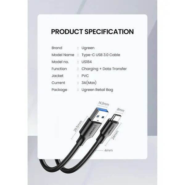 UGREEN USB 3.0 Type-A Male to USB Type-C Male Cable 1M Black | 5Gbps Fast Data Transfer & Fast Charging USB-A to USB-C Cable