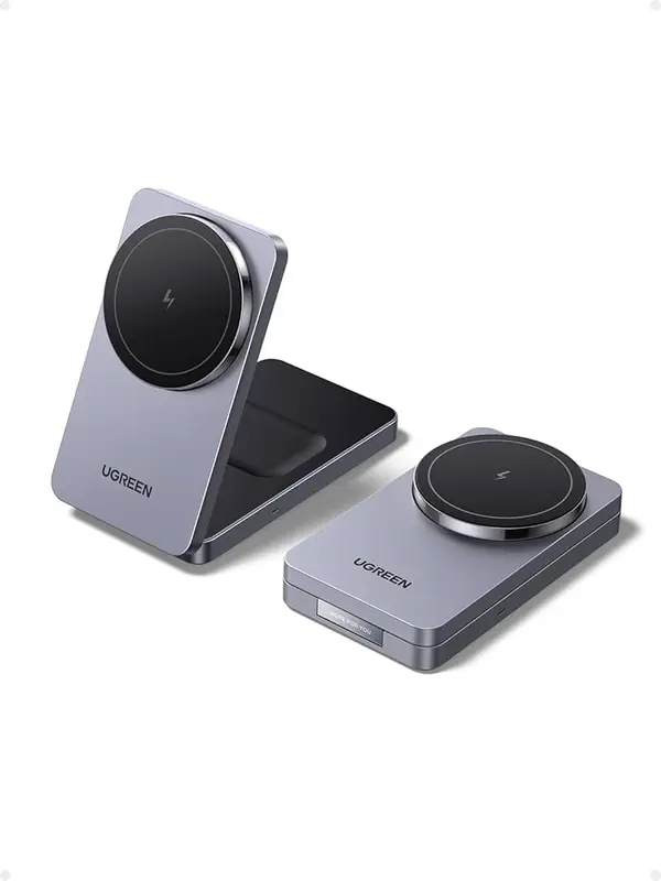 UGREEN W528 2-in-1 Magnetic Wireless Charger for iPhone & AirPods – MagSafe Compatible Fast Charging Stand, Grey