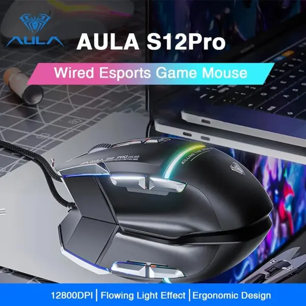 Aula Mountain S12Pro Wired Gaming Mouse, 12800 DPI Optical Gamer Mouse with RGB Backlit, 8 Programmable Buttons, Software Supports DIY Keybinds Rapid Fire Button (Black)