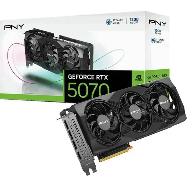 PNY GeForce RTX 5070 Triple Fan Graphics Card, 6144 CUDA Cores, 2.51GHz Boost, 12GB GDDR7, 192-bit, PCIe 5.0, 3x DisplayPort 2.1b, HDMI 2.1b, VCG507012TFXPB1