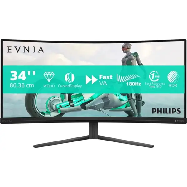 Philips Evnia 34M2C3500L Gaming Monitor, 34" WQHD Curved, 180Hz, 0.5ms, FreeSync Premium, HDR10, 2x HDMI, DisplayPort 1.4, Dark Grey