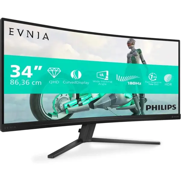Philips Evnia 34M2C3500L Gaming Monitor, 34" WQHD Curved, 180Hz, 0.5ms, FreeSync Premium, HDR10, 2x HDMI, DisplayPort 1.4, Dark Grey
