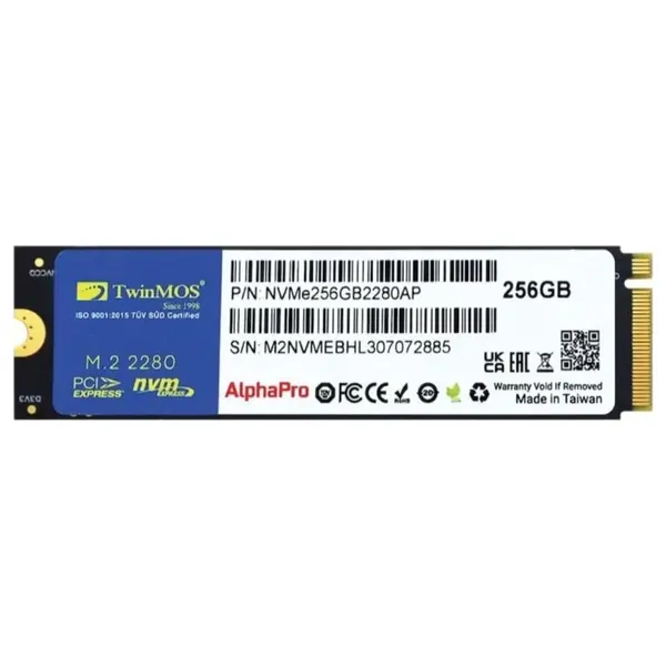 TwinMOS AlphaPro Solid State Drive, 256GB, PCIe Gen3 NVMe, M.2 2280, Read Up To 3600mb/s