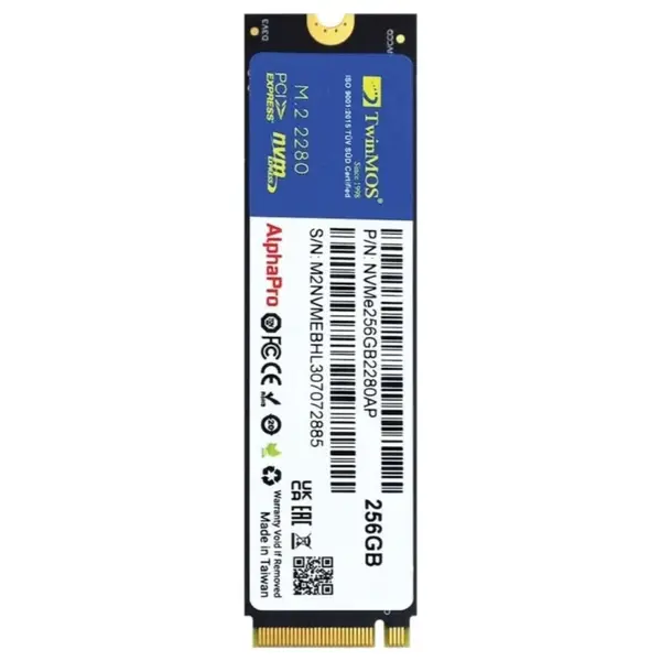 TwinMOS AlphaPro Solid State Drive, 256GB, PCIe Gen3 NVMe, M.2 2280, Read Up To 3600mb/s