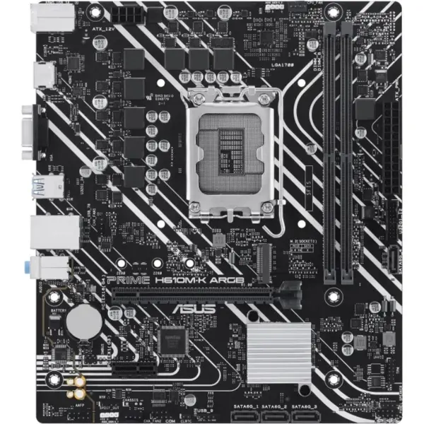 Asus PRIME H610M-K ARGB Intel H610 LGA 1700 Micro ATX Motherboard, DDR5, PCIe 4.0, M.2 Slot, Realtek 1Gb Ethernet, HDMI, VGA, USB 3.2 Gen 1, SATA 6 Gbps, Addressable Gen 2 Headers, Aura Sync