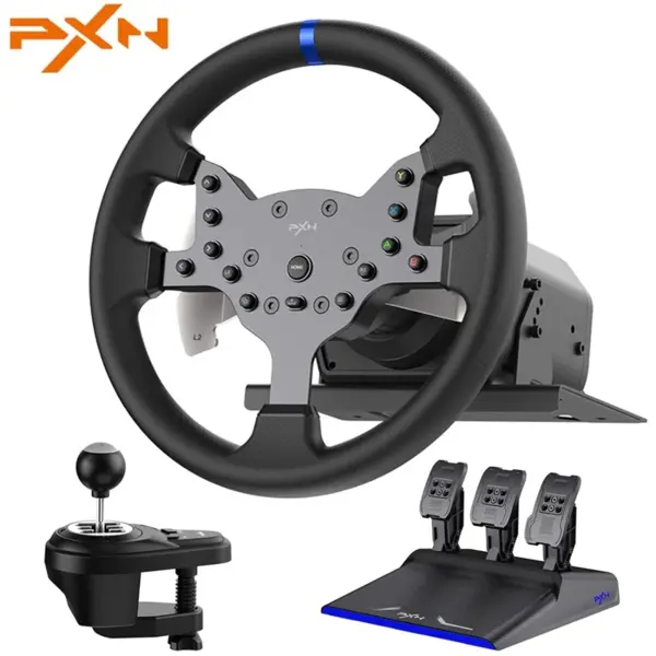 PXN V99 Gaming Racing Steering Wheel, 3.2Nm Dual-Motor Force Feedback, 270 Degree/900 Degree Switchable Steering Angle, With Pedals and 6-Speed H-Pattern Shifter