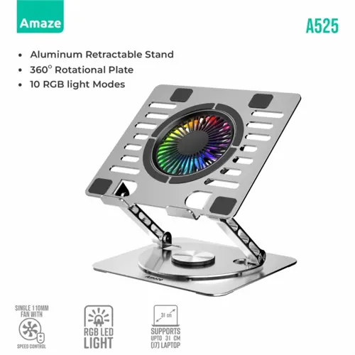 Amaze A525 Laptop Aluminum Rotatable RGB Cooling Stand - 110mm Fan, 10 RGB Modes, 360 Plate