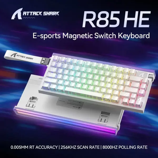 ATTACK SHARK R85 HE Rapid Trigger Keyboard Magnetic Switch, 75% Wired 8KHz Magnetic Keyboard, 0.005mm Rapid Trigger Accuracy, 8000Hz Polling Rate, Custom RGB Lightbox - White Contours