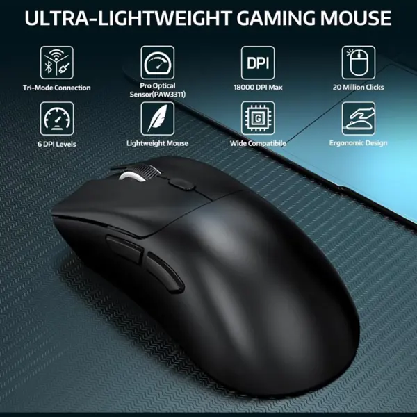 ATTACK SHARK R1 Wireless Gaming Mouse, 59g Superlight, PixArt PAW3311 Sensor, Bluetooth 2.4G Wireless Wired, Black