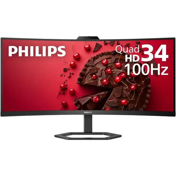 Philips 34E1C5600HE Curved Monitor, 34" UltraWide QHD, 100Hz, Built-in Windows Hello Webcam, Noise Canceling Mic, USB-C Docking, Stereo Speakers, Black