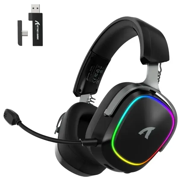 ATTACK SHARK G800 Wireless RGB Gaming Headset, 7.1 Surround Sound, 50mm Drivers, 2.4GHz Bluetooth Wired, Black