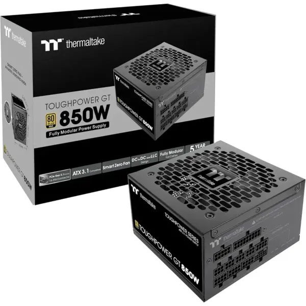 Thermaltake ToughPower GT 850W ATX 3.1 Standard Power Supply - 80 Plus Gold Efficiency, Fully Modular, Smart Zero Fan, Native 300W PCIe 5.1 Connector