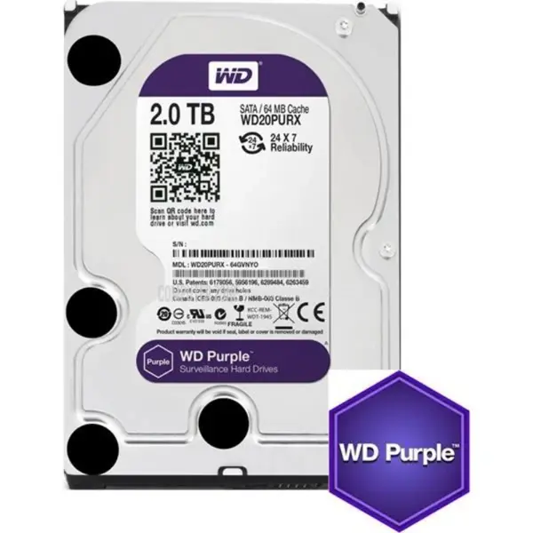 WD Purple 2TB 3.5" SATA Surveillance Hard Drive WD20PURZ – AllFrame 4K, 64MB Cache, 5400 RPM