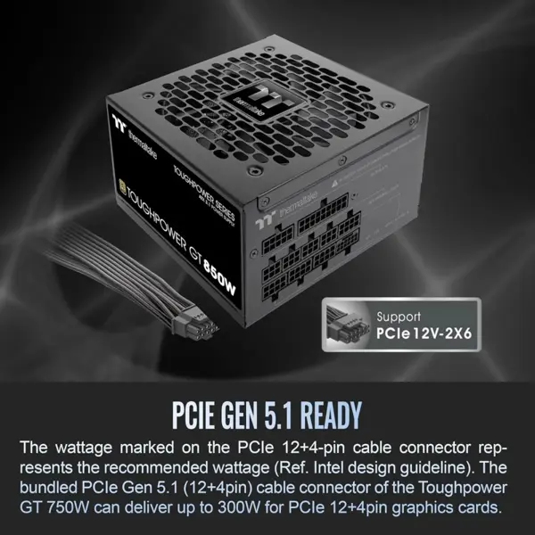 Thermaltake ToughPower GT 850W ATX 3.1 Standard Power Supply - 80 Plus Gold Efficiency, Fully Modular, Smart Zero Fan, Native 300W PCIe 5.1 Connector