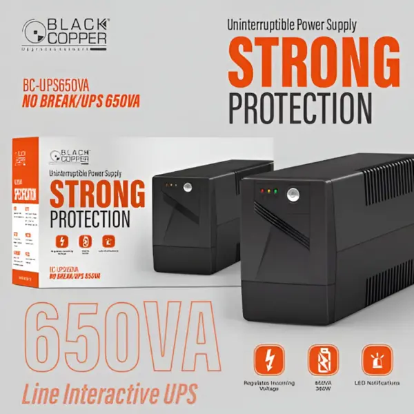 Black Copper 650VA Line-Interactive UPS Reliable power backup with AVR stabilization and surge protection
