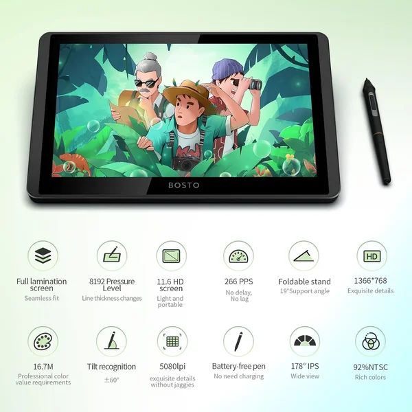 BOSTO P120 11.6" Pen Display Drawing Tablet – Draw Directly on Screen for Illustration & Design