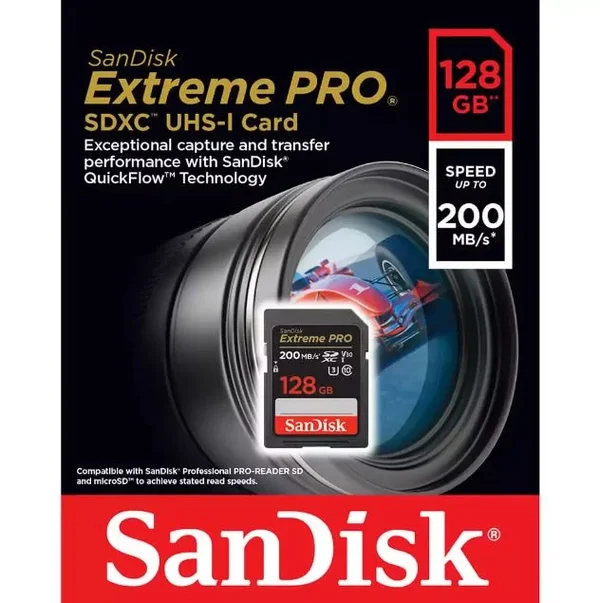 SanDisk Extreme PRO 128GB SD Card – Up to 200MB/s, UHS-I, U3, V30, 4K UHD