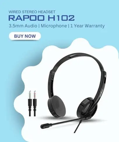 Rapoo H102 Wired Stereo Headset – 3.5mm Jack, Adjustable Mic, Lightweight Headphones with Clear Audio