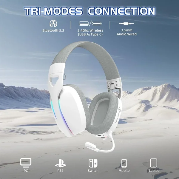Attack Shark L90 Wireless Gaming Headset, 7.1 Surround Sound, Bluetooth5.3, 2.4G and 3.5mm, RGB, White