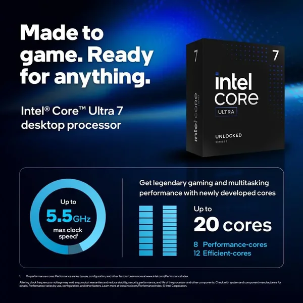 Intel Core Ultra 7 265K Desktop Processor, 20 Cores, 30MB Cache, Up To 5.5GHz, Socket FCLGA1851, Unlocked, Tray
