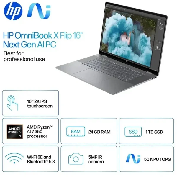 HP OmniBook X Flip 2-in-1 16-AR0033DX Laptop, AMD Ryzen AI 7 350 Up To 5.0 GHz, 24GB LPDDR5x, 1TB PCIe Gen4 SSD, AMD Radeon 860M, 16" 2K IPS Touchscreen X360, Backlit Keyboard, Wi-Fi 6E, Windows 11 Home, Meteor Silver