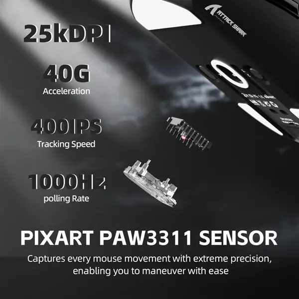 ATTACK SHARK G3PRO Tri-Mode Wireless Gaming Mouse With Charge Dock, 25000 DPI, PixArt PAW3311 Sensor, Broadcom Esport MCU, Omron Switches, Ultra Lightweight 59g, Black