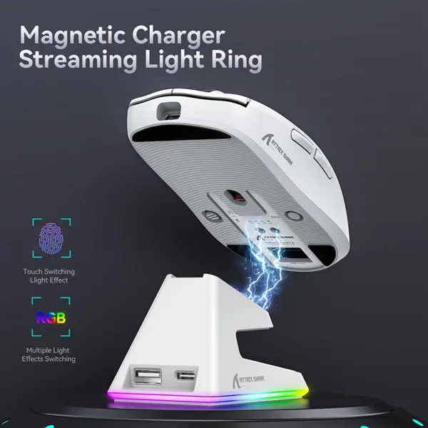 ATTACK SHARK X6 Tri-Mode Gaming Mouse With Charging Dock, 26000 DPI, PixArt PAW3395 Sensor, 49g Superlight, 200 Hours Battery, Ergonomic Design, White