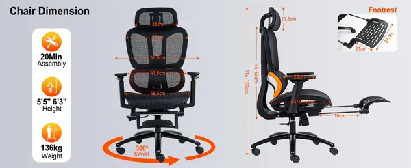 Meetion CHR 31 Gaming Chair – Black/Orange, Adjustable Handrail, Recliner, Max 130KG