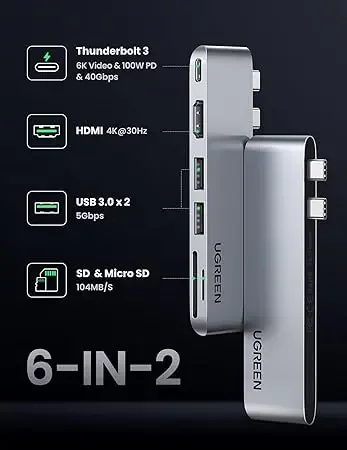 UGREEN USB-C Hub for MacBook Pro 6-in-2 Multiport Docking Adapter