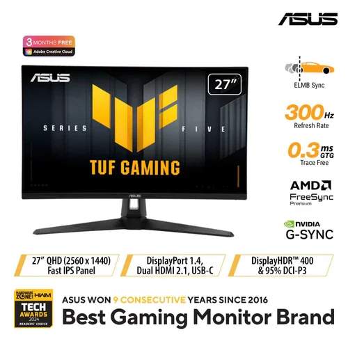 ASUS TUF Gaming VG27AQM5A 27" 2K QHD Fast IPS Gaming Monitor – 300Hz 0.3ms ELMB Sync HDR10 G-SYNC Compatible