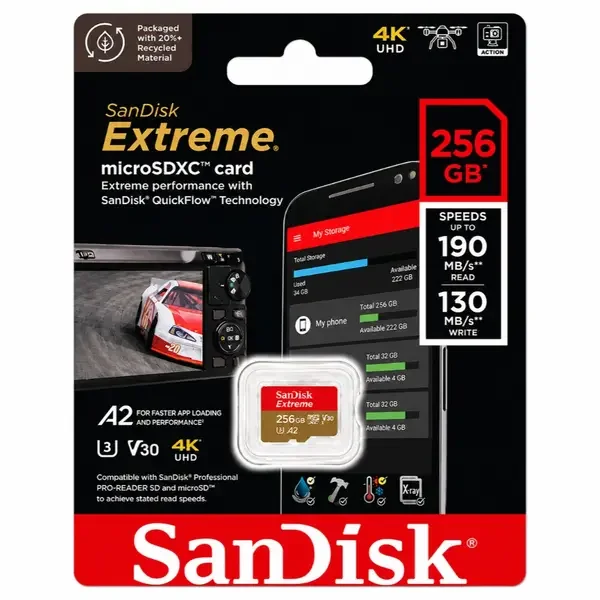 SanDisk Extreme 64GB microSDXC UHS-I Memory Card – Up to 190MB/s, A2, U3, V30, 4K UHD