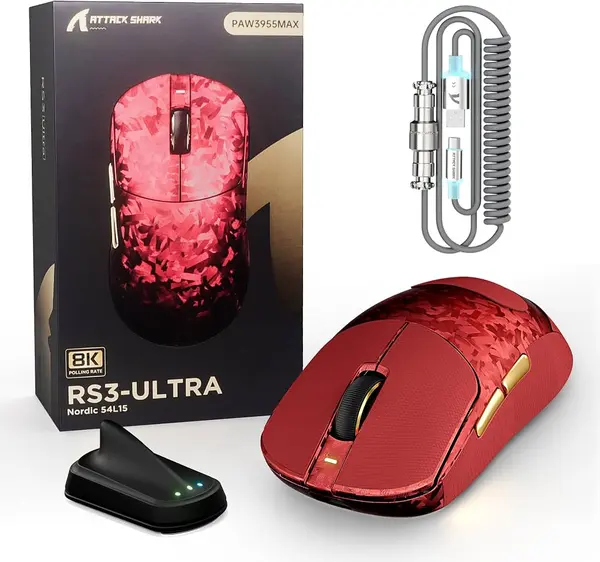 Attack Shark RS3 Ultra Carbon Fiber Wireless Gaming Mouse – 8K Polling, Carbon Fiber Red