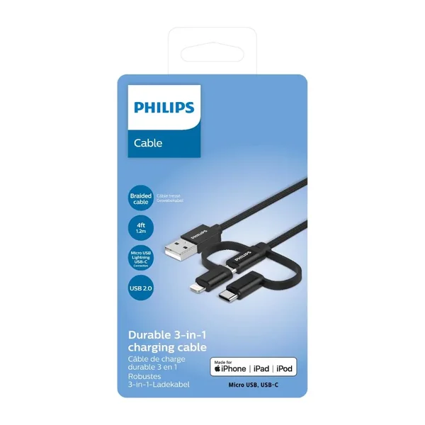 Philips Durable 3-in-1 Charging Cable 1.2m Braided USB to Lightning, Type-C & Micro USB for iPhone, Android & Tablets