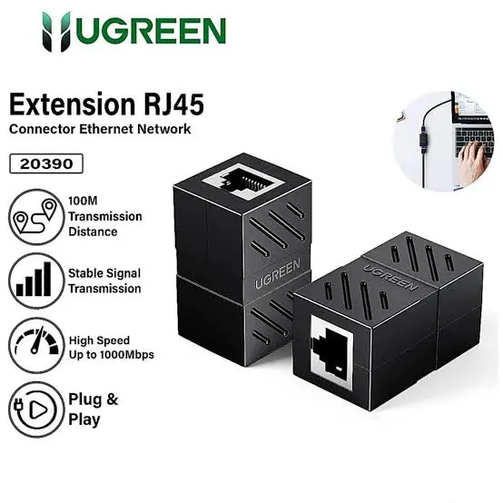 Ugreen 20390 RJ45 Ethernet Cable Extender Adapter – In-Line Coupler for Cat5/6/7 Networks