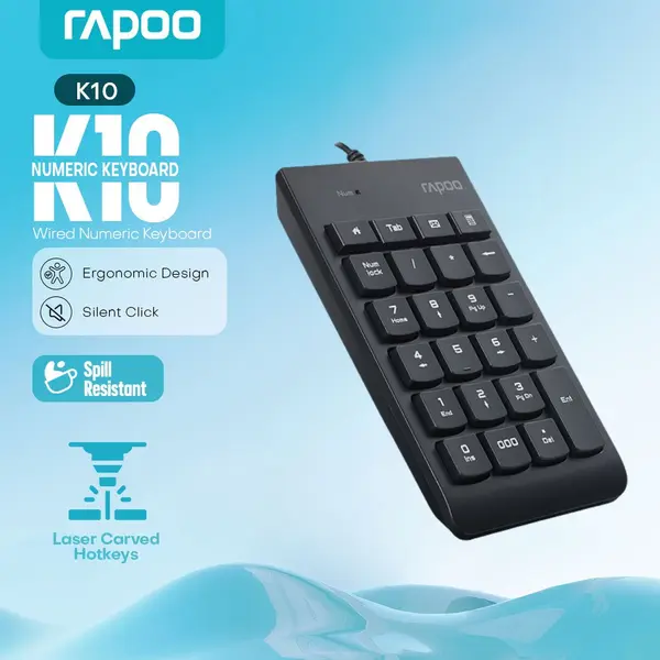 Rapoo K10 Wired USB Numeric Keypad – Plug & Play Number Pad for Laptop & PC